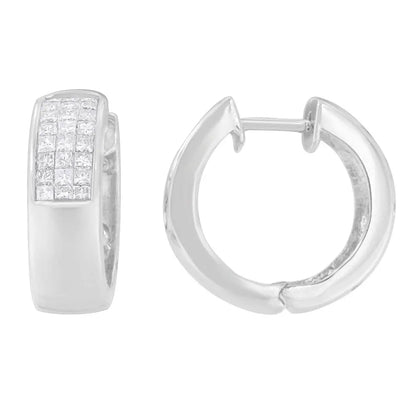 14K White Gold 1 1/8 cttw Princess and Round Cut Diamond Huggie Earrings (H-I, VS1-VS2) - Bijoux-NYC Direct
