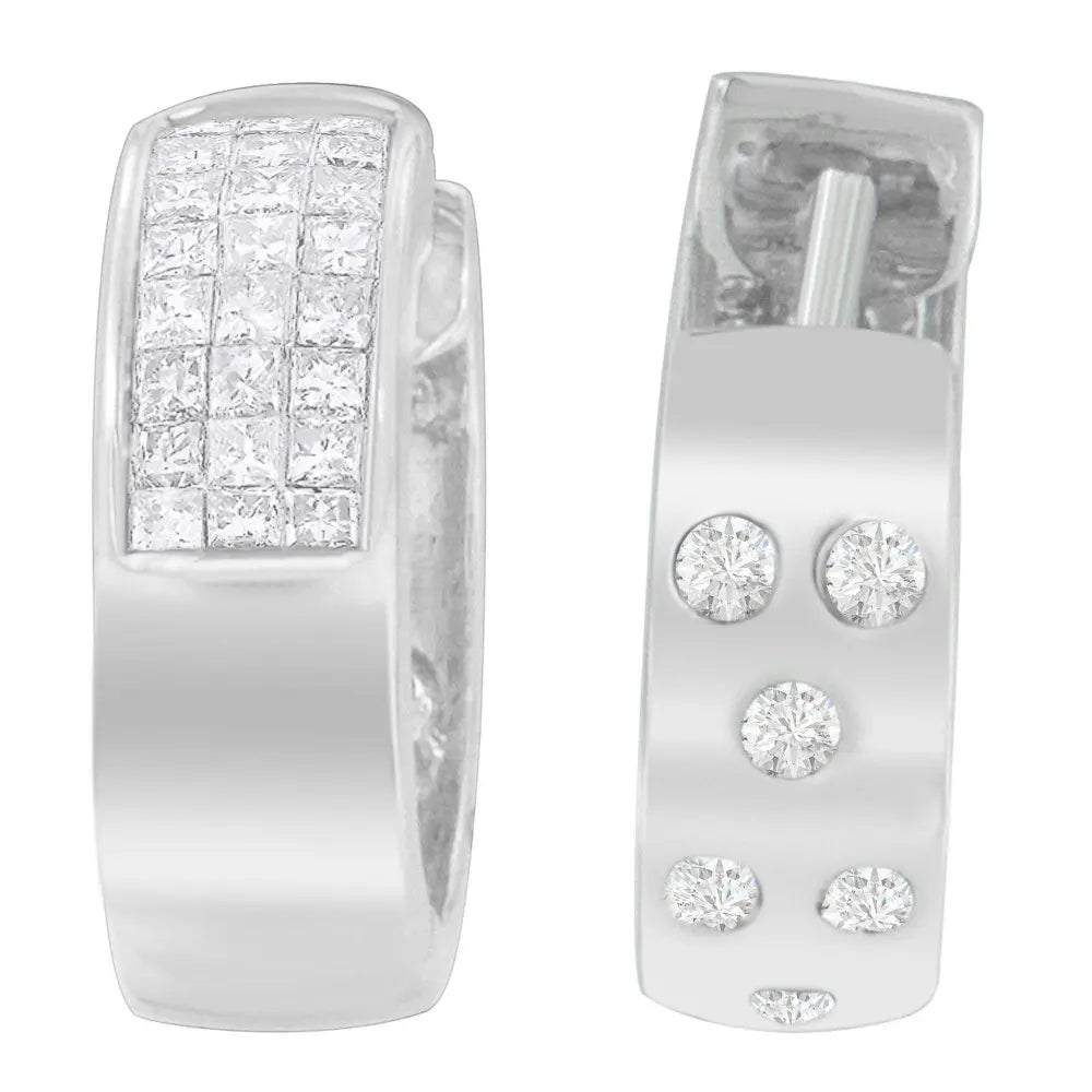 14K White Gold 1 1/8 cttw Princess and Round Cut Diamond Huggie Earrings (H-I, VS1-VS2) - Bijoux-NYC Direct