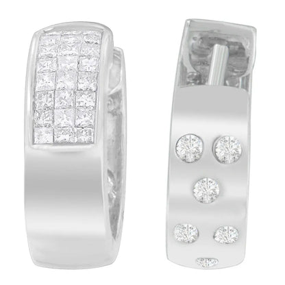 14K White Gold 1 1/8 cttw Princess and Round Cut Diamond Huggie Earrings (H-I, VS1-VS2) - Bijoux-NYC Direct