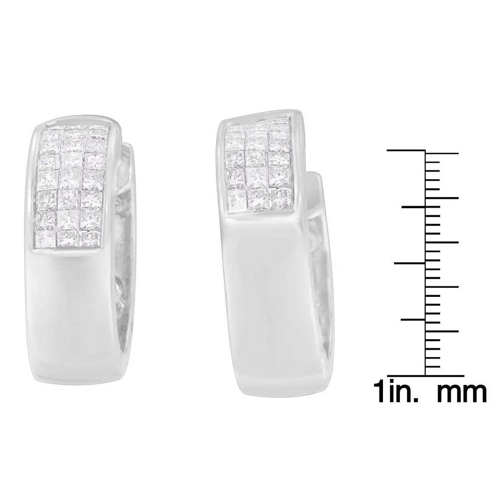 14K White Gold 1 1/8 cttw Princess and Round Cut Diamond Huggie Earrings (H-I, VS1-VS2) - Bijoux-NYC Direct