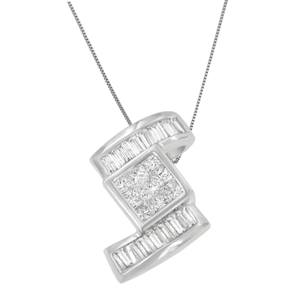 14K White Gold 1 2/5 cttw Princess and Baguette Cut Diamond Zig Zag Pendant Necklace (H-I, SI1-SI2) - Bijoux-NYC Direct