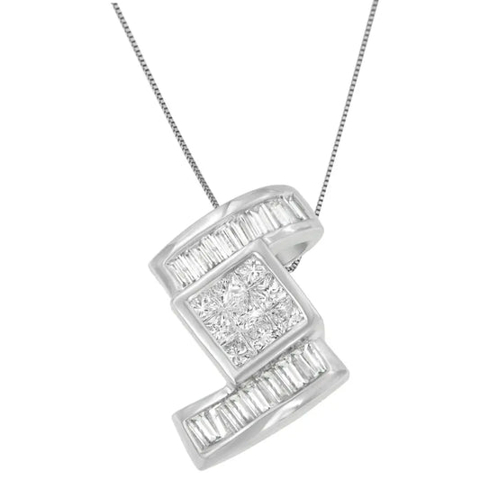 14K White Gold 1 2/5 cttw Princess and Baguette Cut Diamond Zig Zag Pendant Necklace (H-I, SI1-SI2) - Bijoux-NYC Direct