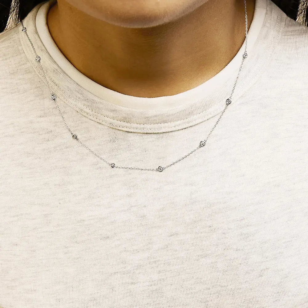 14k white gold 1/2 cttw bezel set diamond station necklace 18 inch bijoux-nyc direct