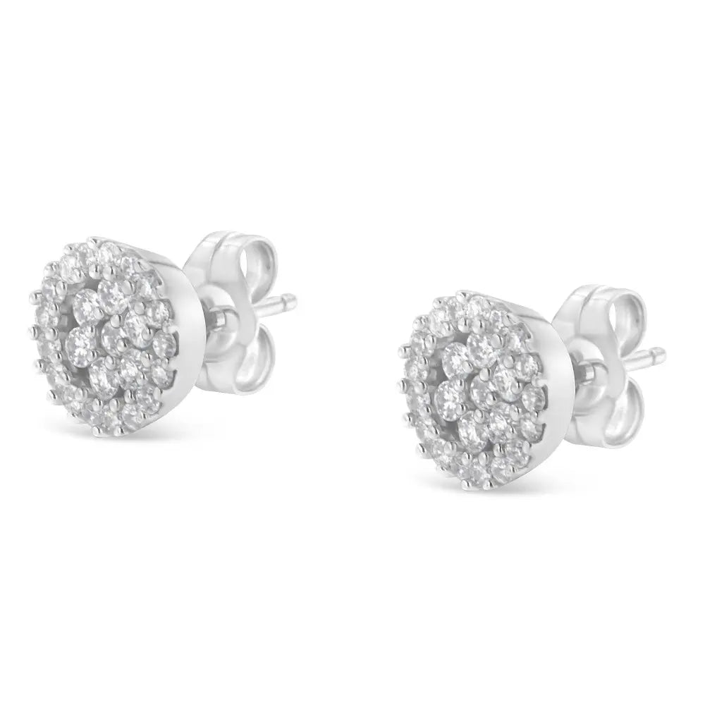 14K White Gold 1/2 Cttw Brilliant-Cut Diamond Halo-Style Cluster Round Button Stud Earrings (H-I Color, I1-I2 Clarity) - Bijoux-NYC Direct