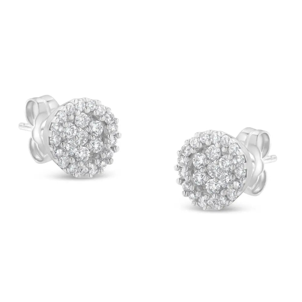 14K White Gold 1/2 Cttw Brilliant-Cut Diamond Halo-Style Cluster Round Button Stud Earrings (H-I Color, I1-I2 Clarity) - Bijoux-NYC Direct