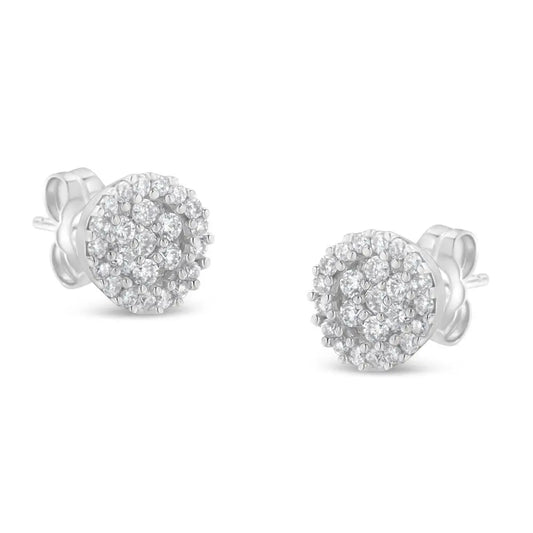 14K White Gold 1/2 Cttw Brilliant-Cut Diamond Halo-Style Cluster Round Button Stud Earrings (H-I Color, I1-I2 Clarity) - Bijoux-NYC Direct