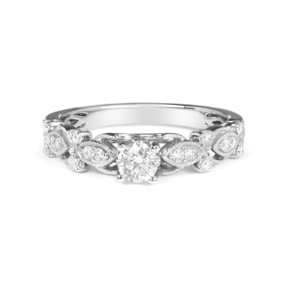 14K White Gold 1/2 Cttw Diamond Vintage Style Engagement Ring (G-H Color, VS2-SI1 Clarity) - Size 7 - Bijoux-NYC Direct
