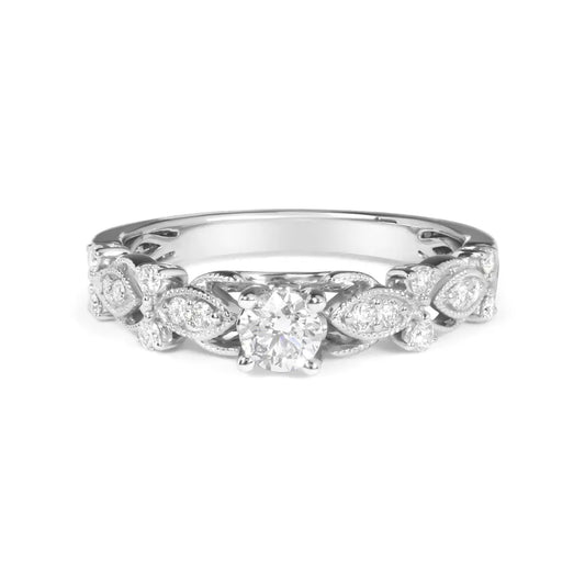14K White Gold 1/2 Cttw Diamond Vintage Style Engagement Ring (G-H Color, VS2-SI1 Clarity) - Size 7 - Bijoux-NYC Direct