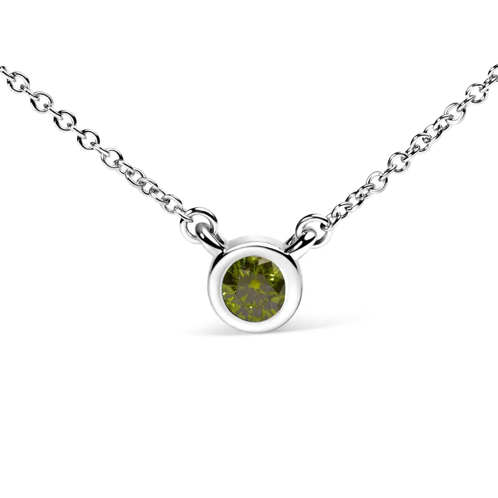 14k white gold 1/2 cttw green lab grown diamond bezel set solitaire 18’’ pendant necklace (green color vs1 vs2 clarity)