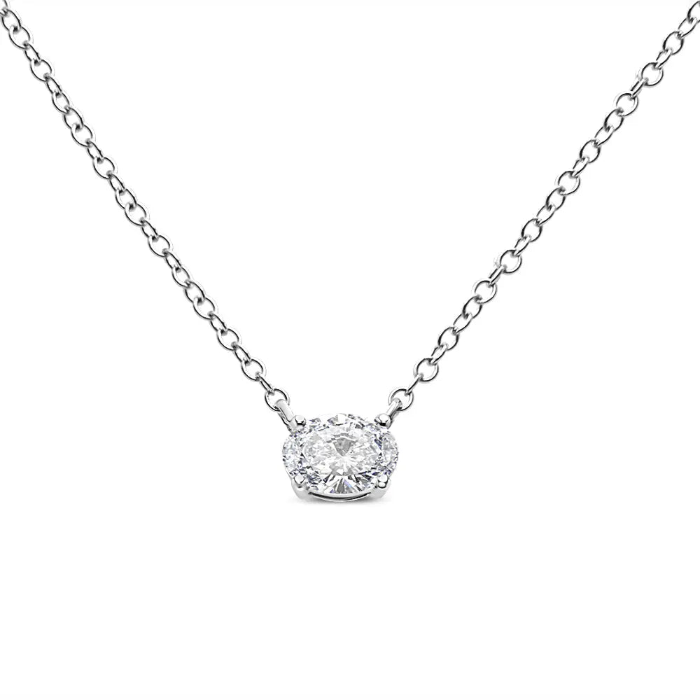 14K White Gold 1/2 Cttw Lab Grown Oval Shape Solitaire Diamond East West 18" Pendant Necklace (E-F Color, VS1-VS2 Clarity) - Bijoux-NYC Direct