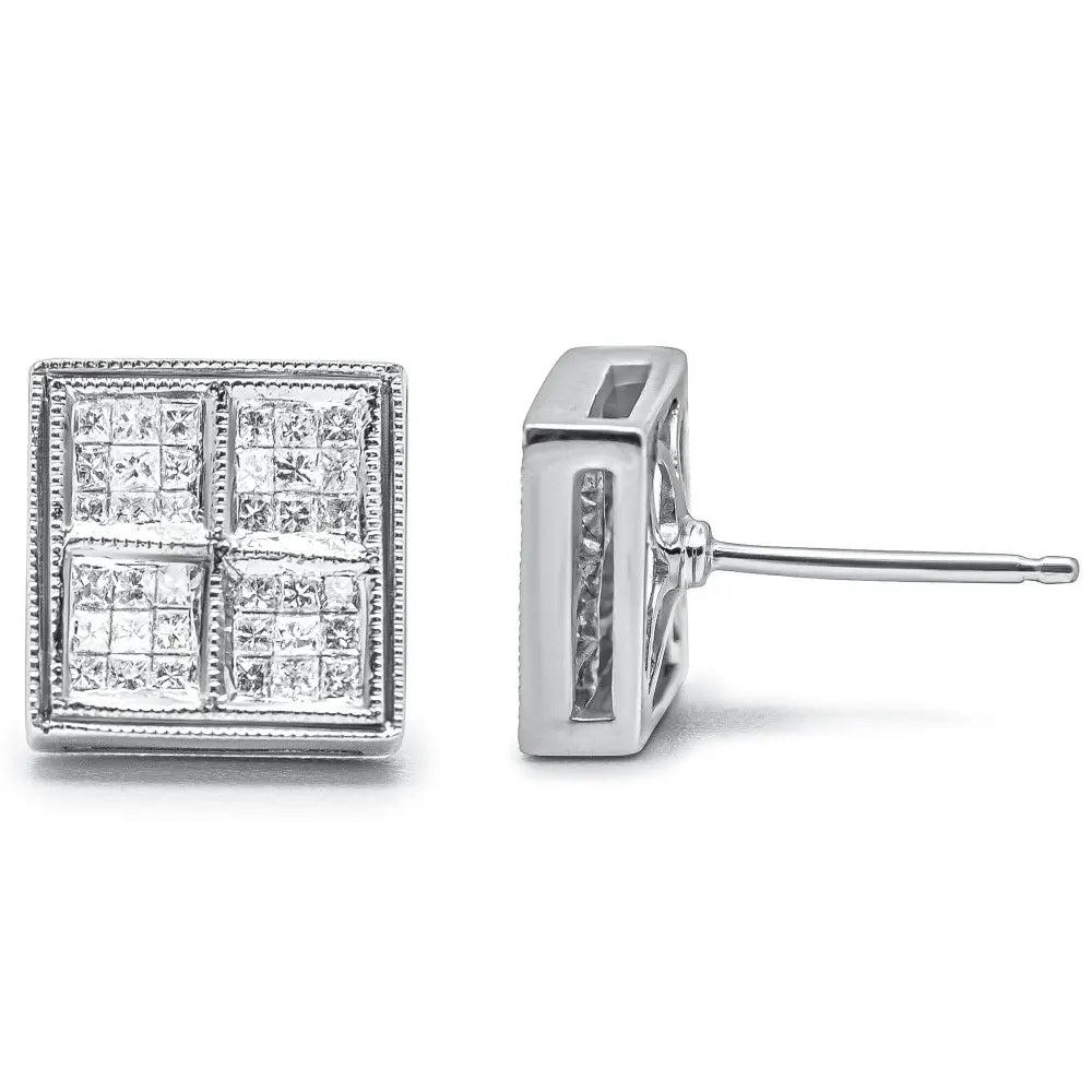 14K White Gold 1/2 Cttw Princess Diamond Composite Box Shape Milgrain Stud Earrings (H-I Color, SI1-SI2 Clarity) - Bijoux-NYC Direct