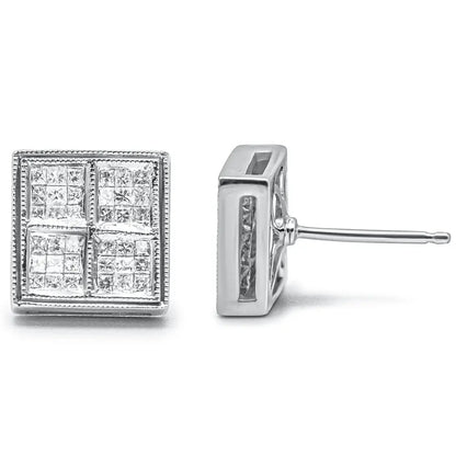 14K White Gold 1/2 Cttw Princess Diamond Composite Box Shape Milgrain Stud Earrings (H-I Color, SI1-SI2 Clarity) - Bijoux-NYC Direct
