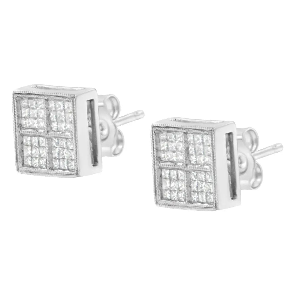 1/2 cttw princess diamond milgrain stud earrings in 14k white gold bijoux-nyc direct