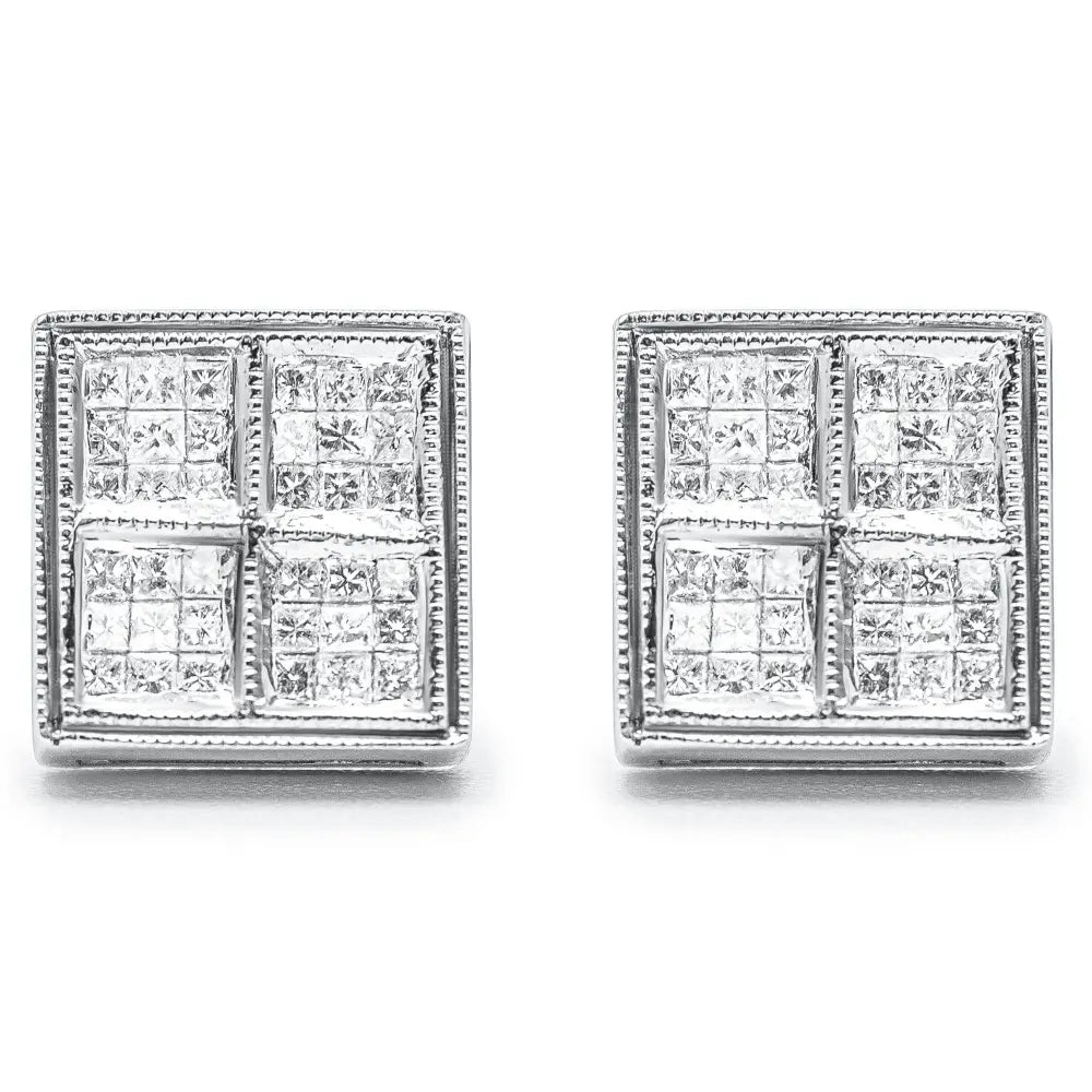 14K White Gold 1/2 Cttw Princess Diamond Composite Box Shape Milgrain Stud Earrings (H-I Color, SI1-SI2 Clarity) - Bijoux-NYC Direct