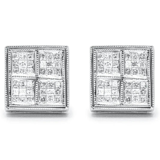 14K White Gold 1/2 Cttw Princess Diamond Composite Box Shape Milgrain Stud Earrings (H-I Color, SI1-SI2 Clarity) - Bijoux-NYC Direct