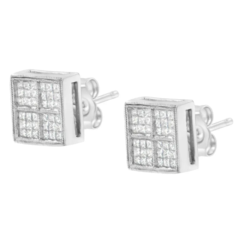14K White Gold 1/2 Cttw Princess Diamond Composite Box Shape Milgrain Stud Earrings (H-I Color, SI1-SI2 Clarity) - Bijoux-NYC Direct