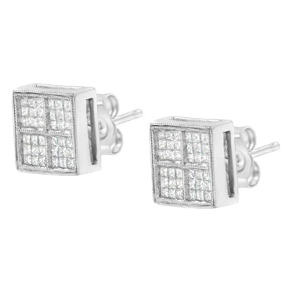 14K White Gold 1/2 Cttw Princess Diamond Composite Box Shape Milgrain Stud Earrings (H-I Color, SI1-SI2 Clarity) - Bijoux-NYC Direct