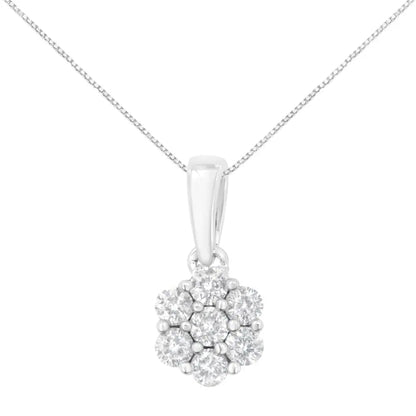 14K White Gold 1/2 cttw Prong Set Round-Cut Diamond 7 Stone Floral Cluster 18" Pendant Necklace (H-I Color, I1-I2 Clarity) - Bijoux-NYC Direct