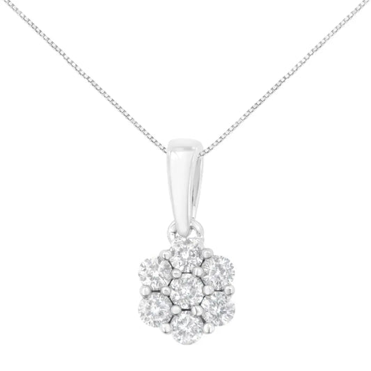 14K White Gold 1/2 cttw Prong Set Round-Cut Diamond 7 Stone Floral Cluster 18" Pendant Necklace (H-I Color, I1-I2 Clarity) - Bijoux-NYC Direct
