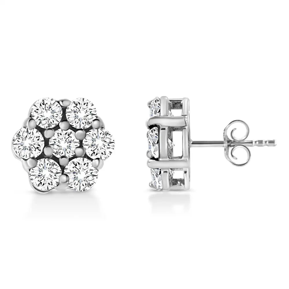 14K White Gold 1/2 Cttw Prong Set Round-Cut Diamond Flower Stud Earring (H-I Color, I1-I2 Clarity) - Bijoux-NYC Direct