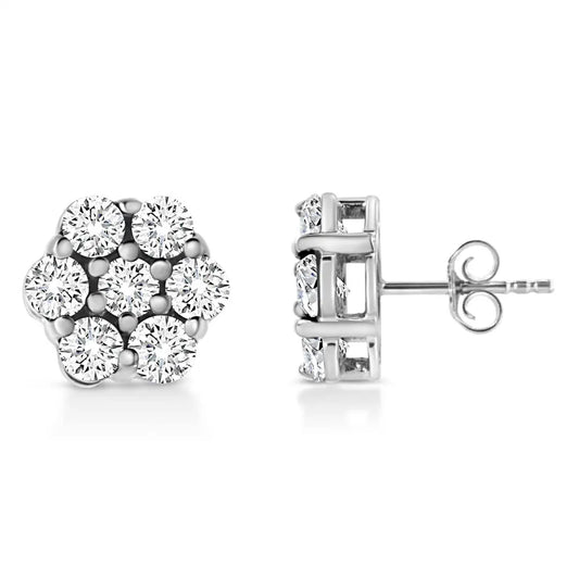 14K White Gold 1/2 Cttw Prong Set Round-Cut Diamond Flower Stud Earring (H-I Color, I1-I2 Clarity) - Bijoux-NYC Direct