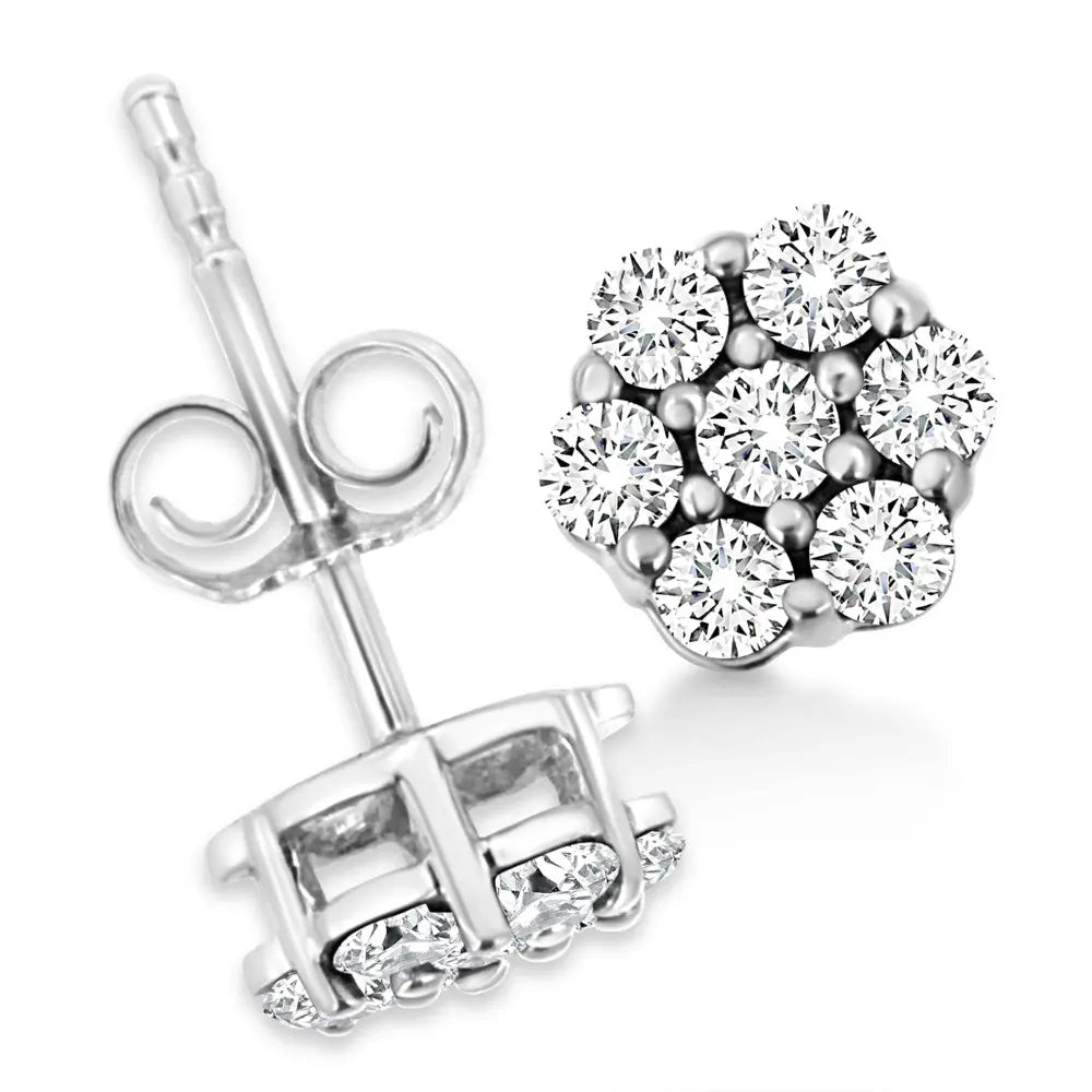 14K White Gold 1/2 Cttw Prong Set Round-Cut Diamond Flower Stud Earring (H-I Color, I1-I2 Clarity) - Bijoux-NYC Direct