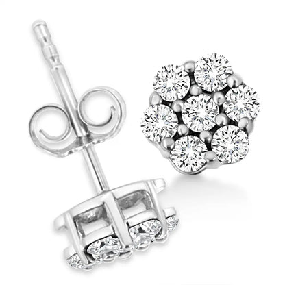 14K White Gold 1/2 Cttw Prong Set Round-Cut Diamond Flower Stud Earring (H-I Color, I1-I2 Clarity) - Bijoux-NYC Direct