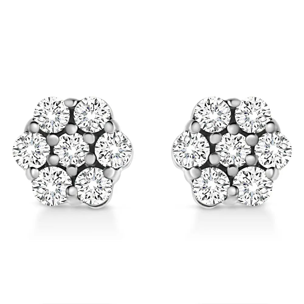 14K White Gold 1/2 Cttw Prong Set Round-Cut Diamond Flower Stud Earring (H-I Color, I1-I2 Clarity) - Bijoux-NYC Direct