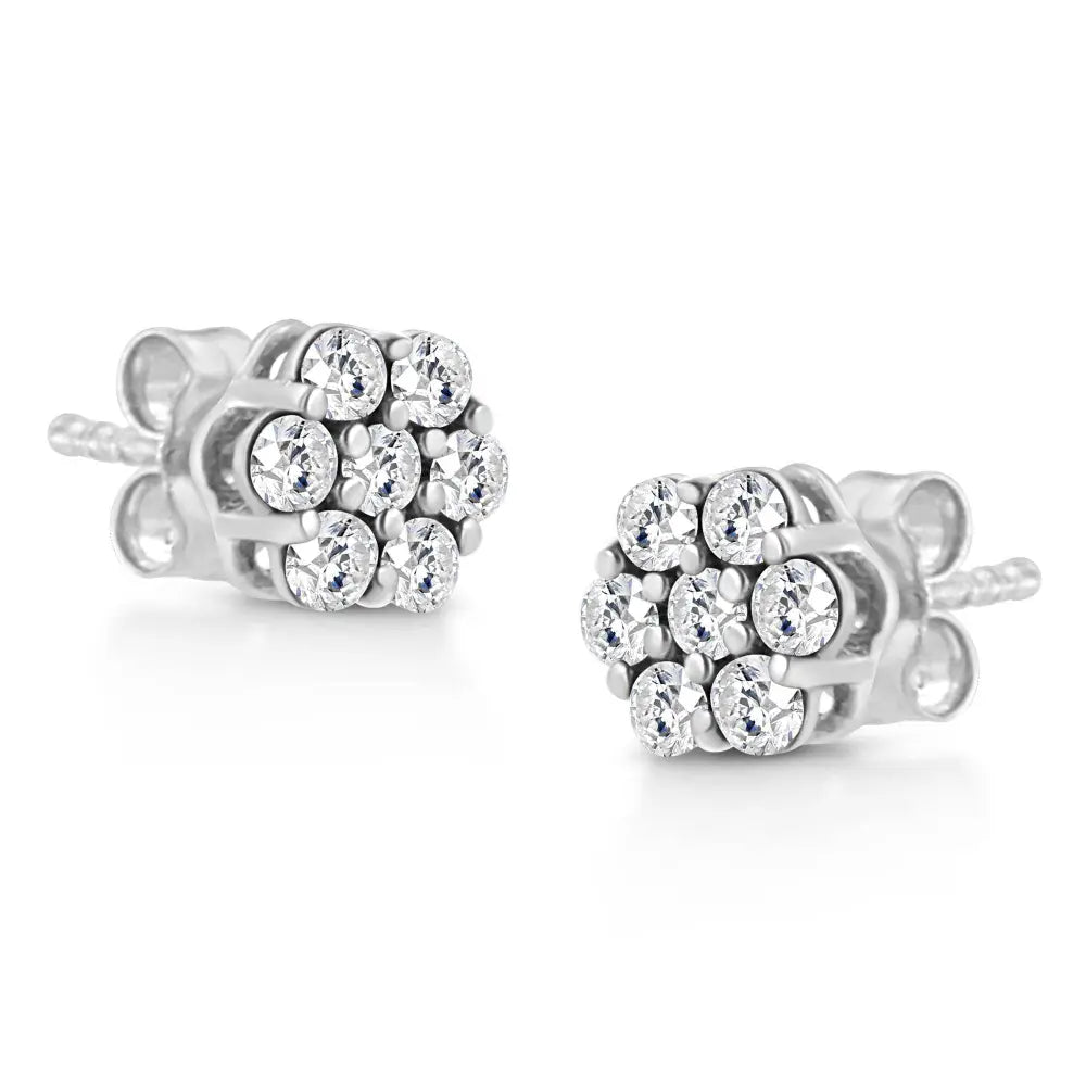 14K White Gold 1/2 Cttw Prong Set Round-Cut Diamond Flower Stud Earring (H-I Color, I1-I2 Clarity) - Bijoux-NYC Direct