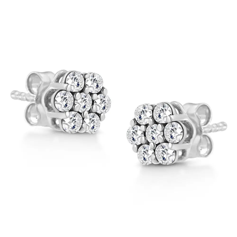 14k white gold 1/2 cttw round diamond flower cluster stud earrings bijoux-nyc direct