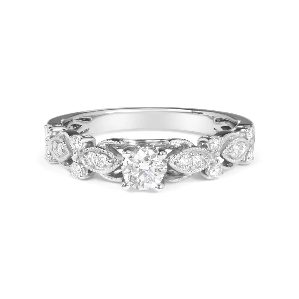 Vintage 1/2 cttw round diamond 14k white gold milgrain engagement ring size 7 bijoux-nyc direct
