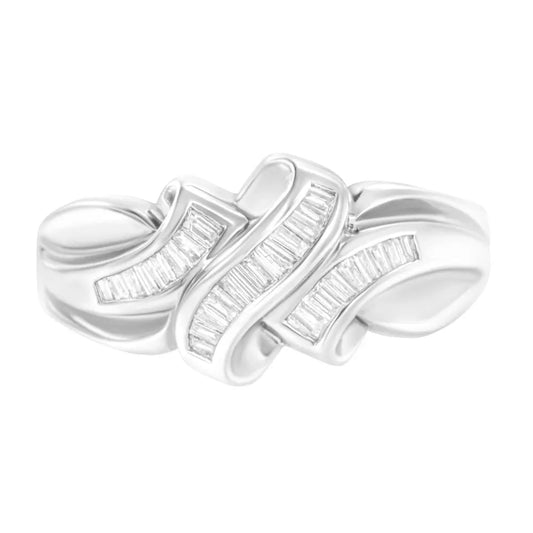 14K White Gold 1/3 Cttw Channel Set Baguette Diamond Bypass Ring Band (H-I Color, SI1-SI2 Clarity) - Bijoux-NYC Direct