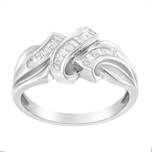 14K White Gold 1/3 Cttw Channel Set Baguette Diamond Bypass Ring Band (H-I Color, SI1-SI2 Clarity) - Bijoux-NYC Direct