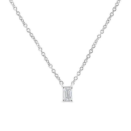 14K White Gold 1/3 Cttw Emerald Shape Solitaire Diamond 18" Pendant Necklace (G-H Color, VS2-SI1 Clarity) - Bijoux-NYC Direct