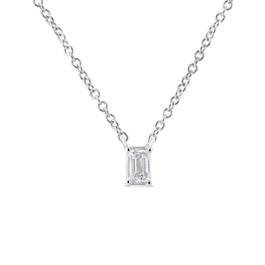 14K White Gold 1/3 Cttw Emerald Shape Solitaire Diamond 18" Pendant Necklace (G-H Color, VS2-SI1 Clarity) - Bijoux-NYC Direct