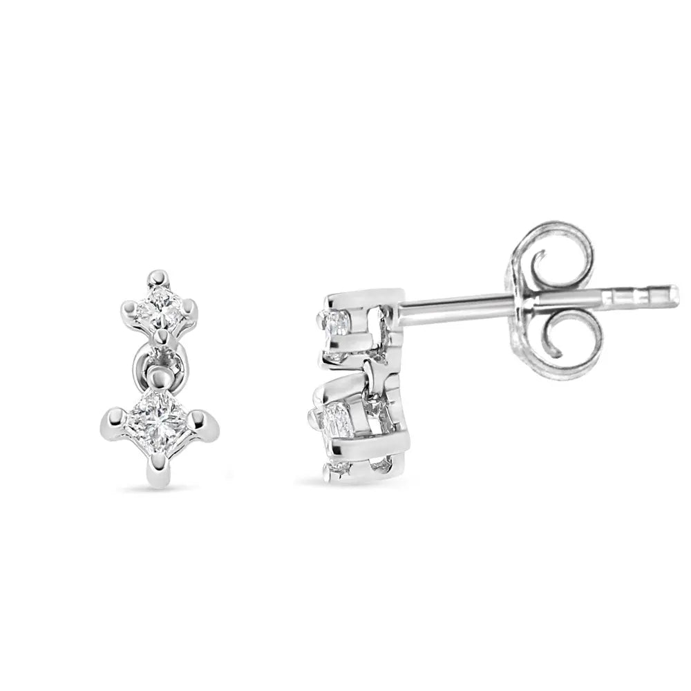 14K White Gold 1/4 Cttw 4 Prong Set Princess-Cut Double Diamond Drop and Dangle Stud Earrings (I-J Color, I2-I3 Clarity) - Bijoux-NYC Direct