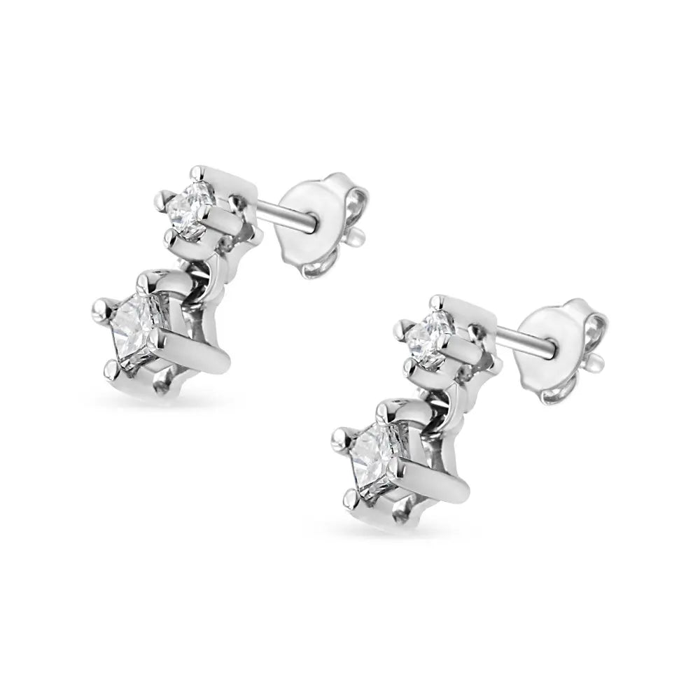14K White Gold 1/4 Cttw 4 Prong Set Princess-Cut Double Diamond Drop and Dangle Stud Earrings (I-J Color, I2-I3 Clarity) - Bijoux-NYC Direct
