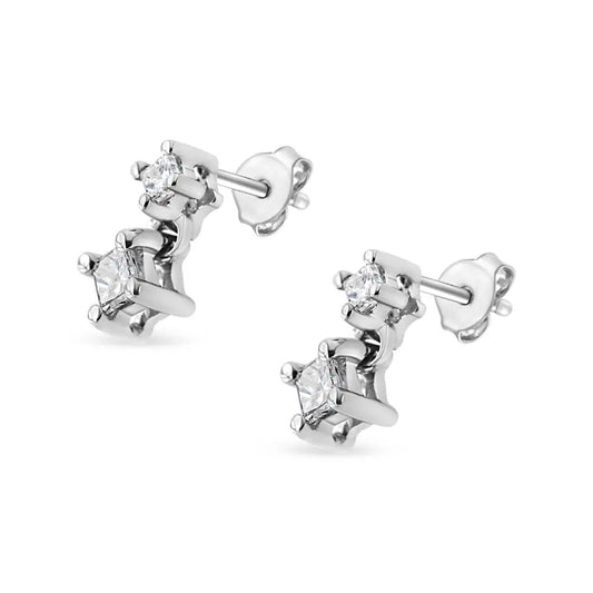 14K White Gold 1/4 Cttw 4 Prong Set Princess-Cut Double Diamond Drop and Dangle Stud Earrings (I-J Color, I2-I3 Clarity) - Bijoux-NYC Direct