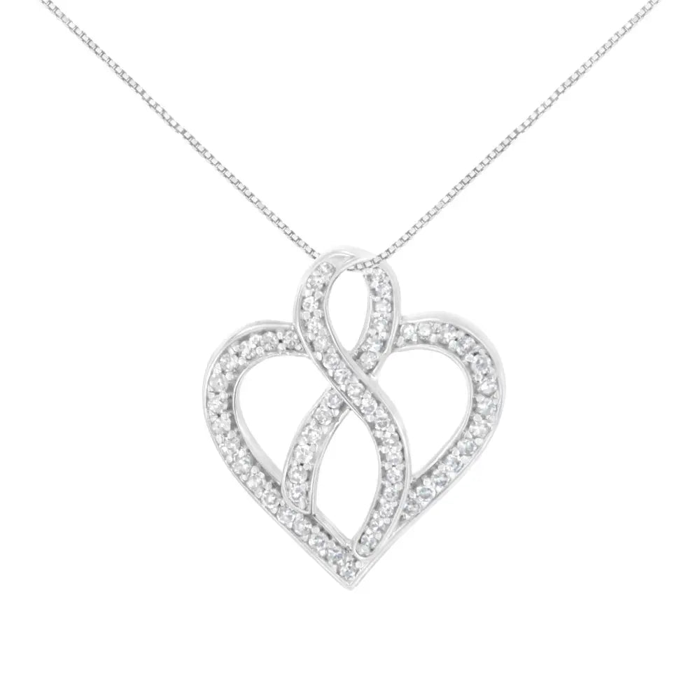 14K White Gold 1/4 cttw Round Cut Diamond Heart and Ribbon Center Pendant Necklace (H-I, I1-I2) - Bijoux-NYC Direct