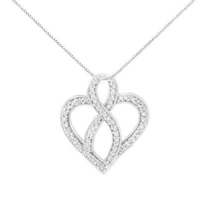 14K White Gold 1/4 cttw Round Cut Diamond Heart and Ribbon Center Pendant Necklace (H-I, I1-I2) - Bijoux-NYC Direct