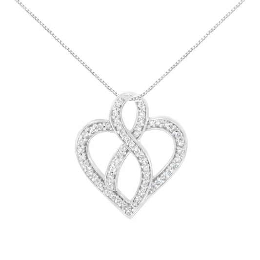 14K White Gold 1/4 cttw Round Cut Diamond Heart and Ribbon Center Pendant Necklace (H-I, I1-I2) - Bijoux-NYC Direct