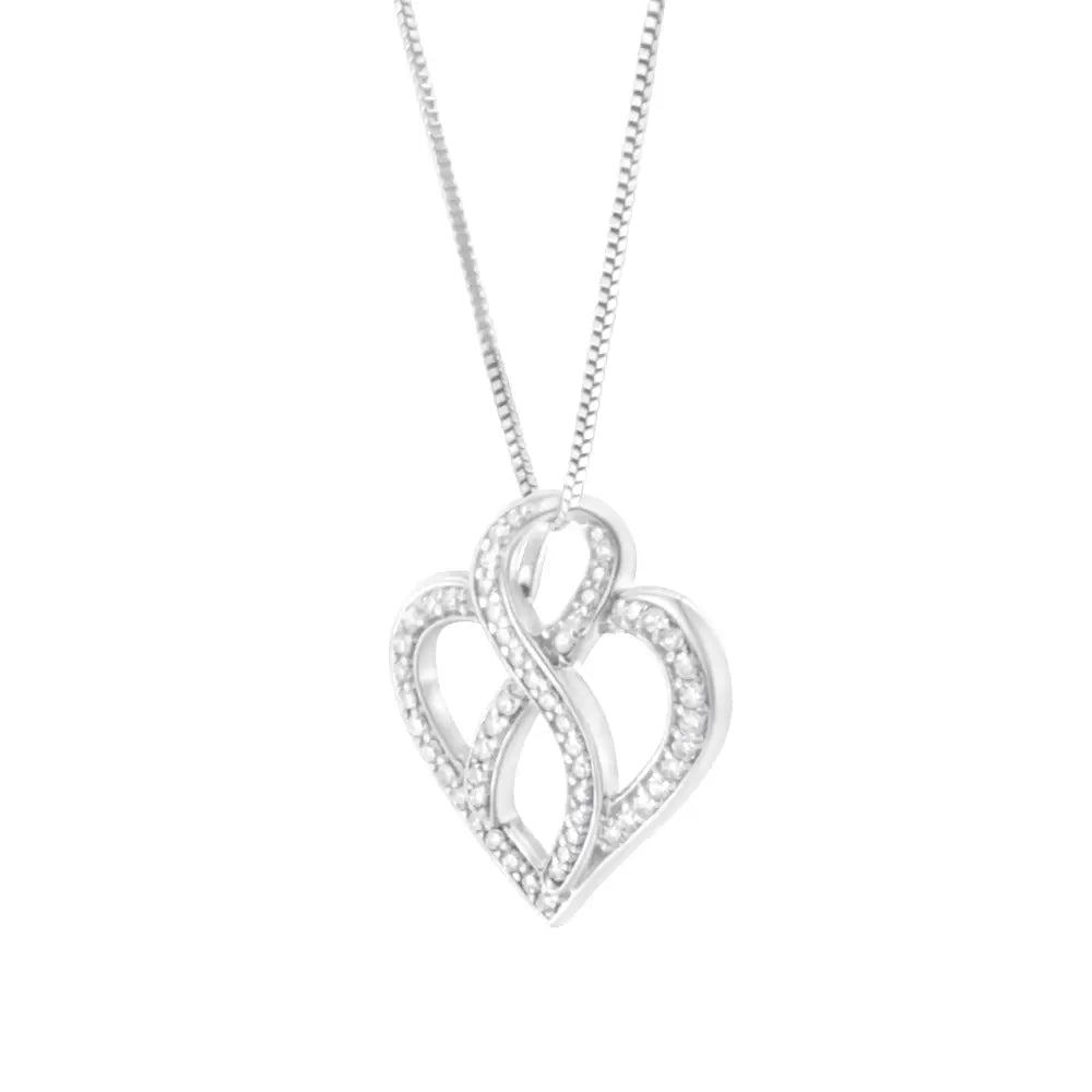 14k white gold 1/4 cttw round diamond heart and ribbon pendant necklace bijoux-nyc direct