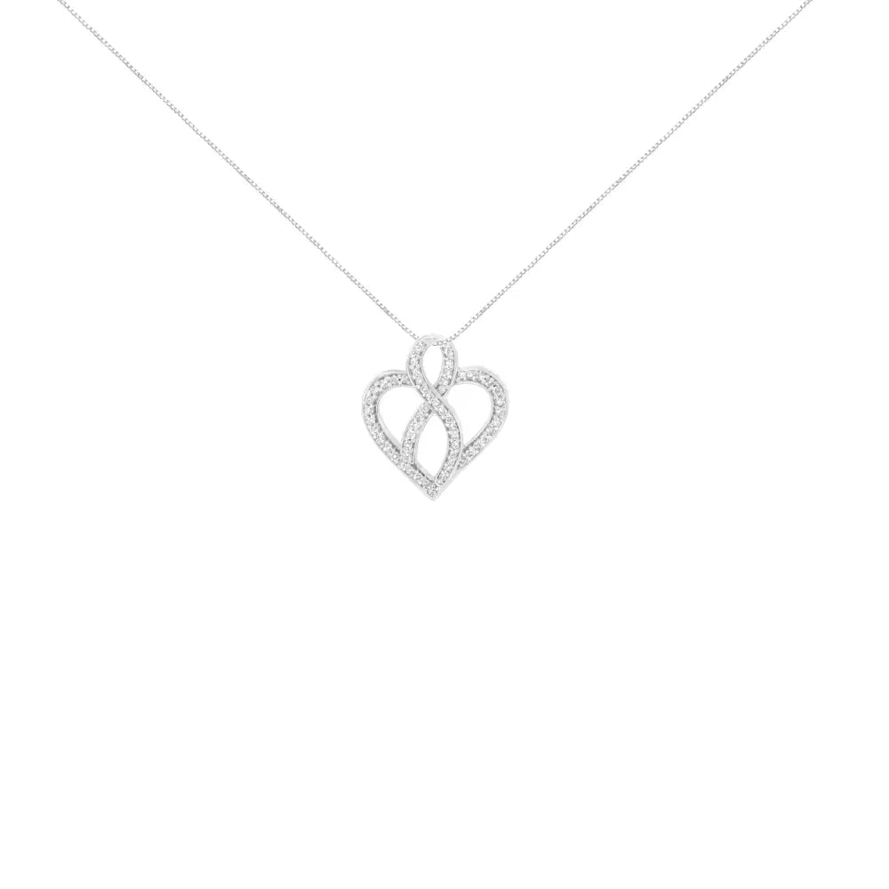 14k white gold 1/4 cttw round diamond heart and ribbon pendant necklace bijoux-nyc direct