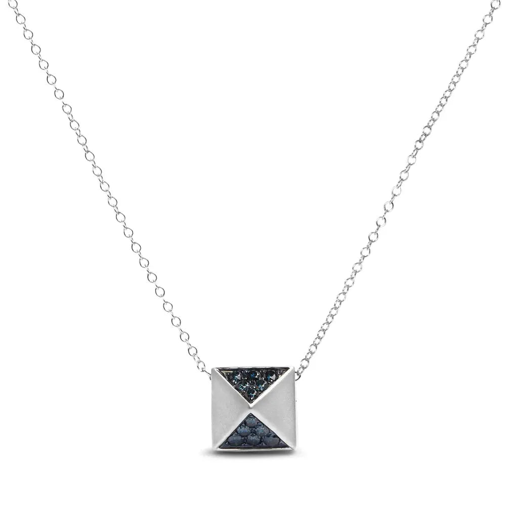 14k white gold 1/4 cttw treated blue diamond matte finished pyramid pendant necklace (blue color si1 si2 clarity) 18’’ inches