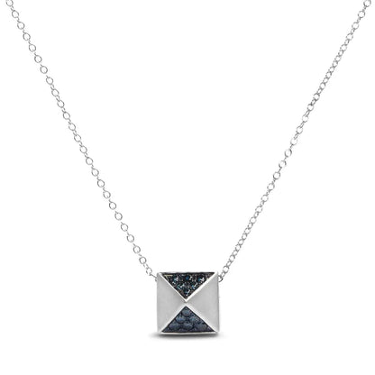 14k white gold 1/4 cttw treated blue diamond matte finished pyramid pendant necklace (blue color si1 si2 clarity) 18’’ inches