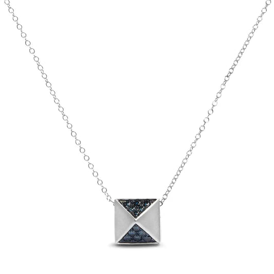 14k white gold 1/4 cttw treated blue diamond matte finished pyramid pendant necklace (blue color si1 si2 clarity) 18’’ inches