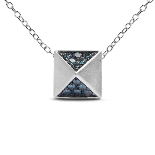 14k white gold 1/4 cttw treated blue diamond matte finished pyramid pendant necklace (blue color si1 si2 clarity) 18’’ inches