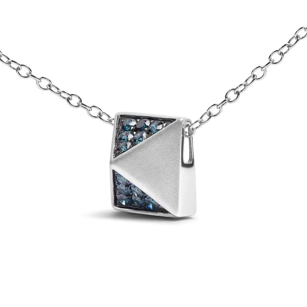 14k white gold 1/4 cttw treated blue diamond matte finished pyramid pendant necklace (blue color si1 si2 clarity) 18’’ inches