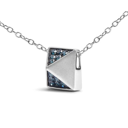 14k white gold 1/4 cttw treated blue diamond matte finished pyramid pendant necklace (blue color si1 si2 clarity) 18’’ inches