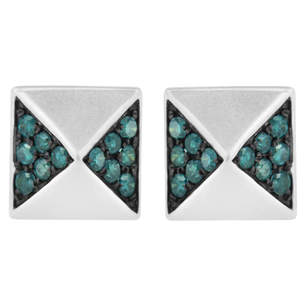 14K White Gold 1/4 Cttw Treated Blue Diamond Pyramid Stud Earring (Blue Color, SI1-SI2 Clarity) - Bijoux-NYC Direct